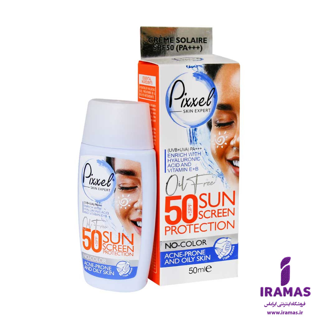 کرم ضدآفتاب بی‌رنگ پیکسل SPF50 مناسب پوست‌های چرب، جوش دار و مختلط حجم 50 میلی‌لیتر - ایراماس