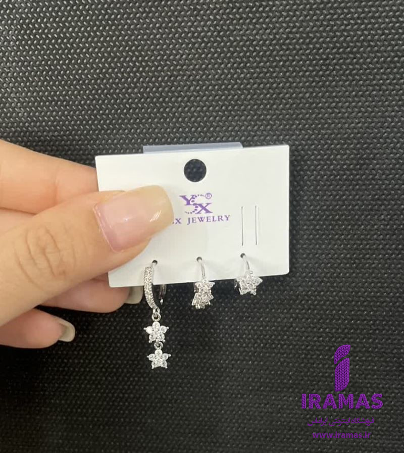 پک گوشواره سه عددی مدل شکوفه نگین دار - ایراماس