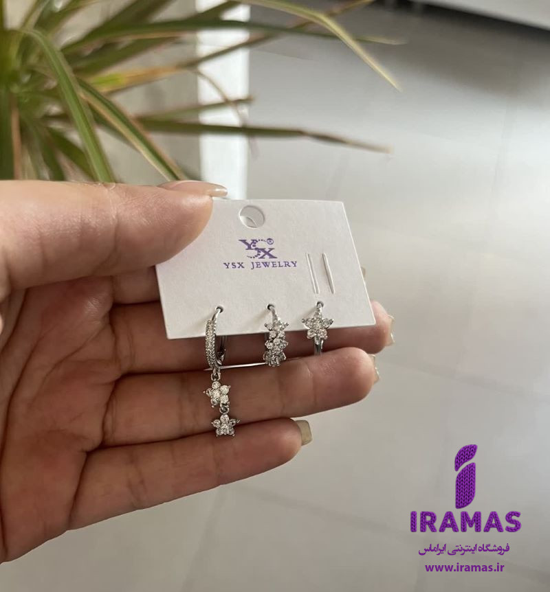 پک گوشواره سه عددی مدل شکوفه نگین دار - ایراماس