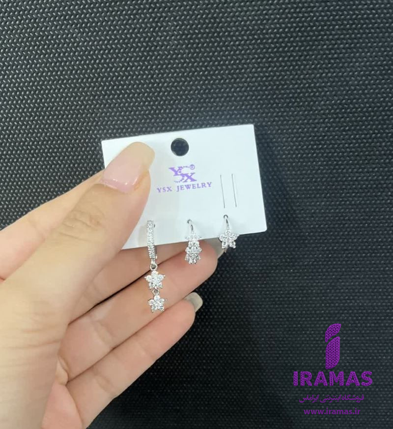 پک گوشواره سه عددی مدل شکوفه نگین دار - ایراماس