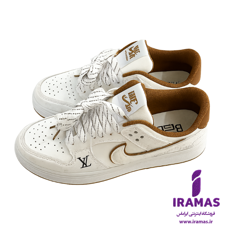 کفش کتونی دخترانه نایکی طرح لوییز ویتون سفید کرمی - ایراماس